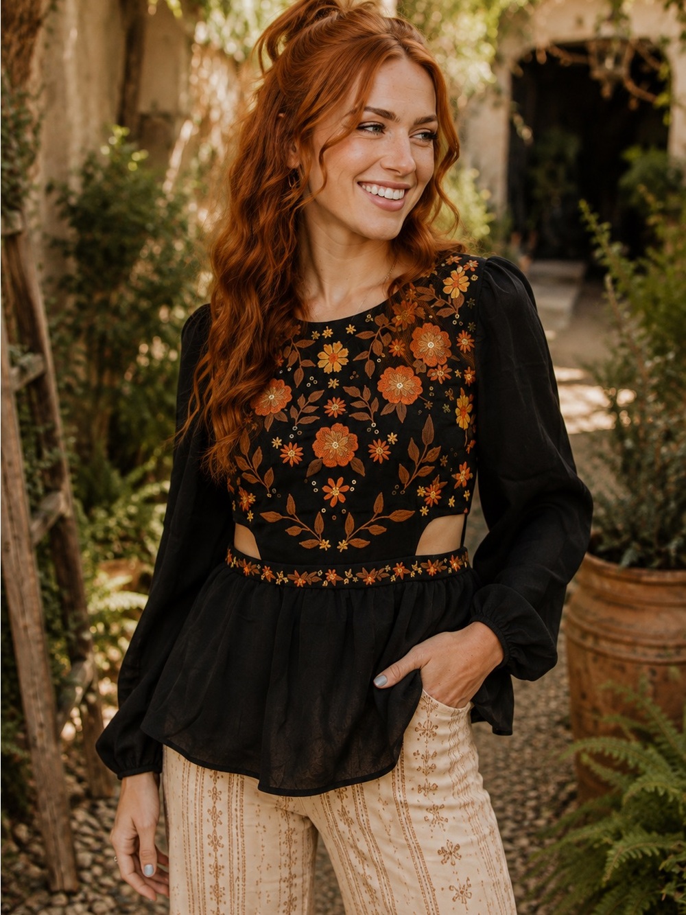 Savanna Jane Anthropologie Autumn Wildflower Embroidered Peplum Top 1X NWOT Boho